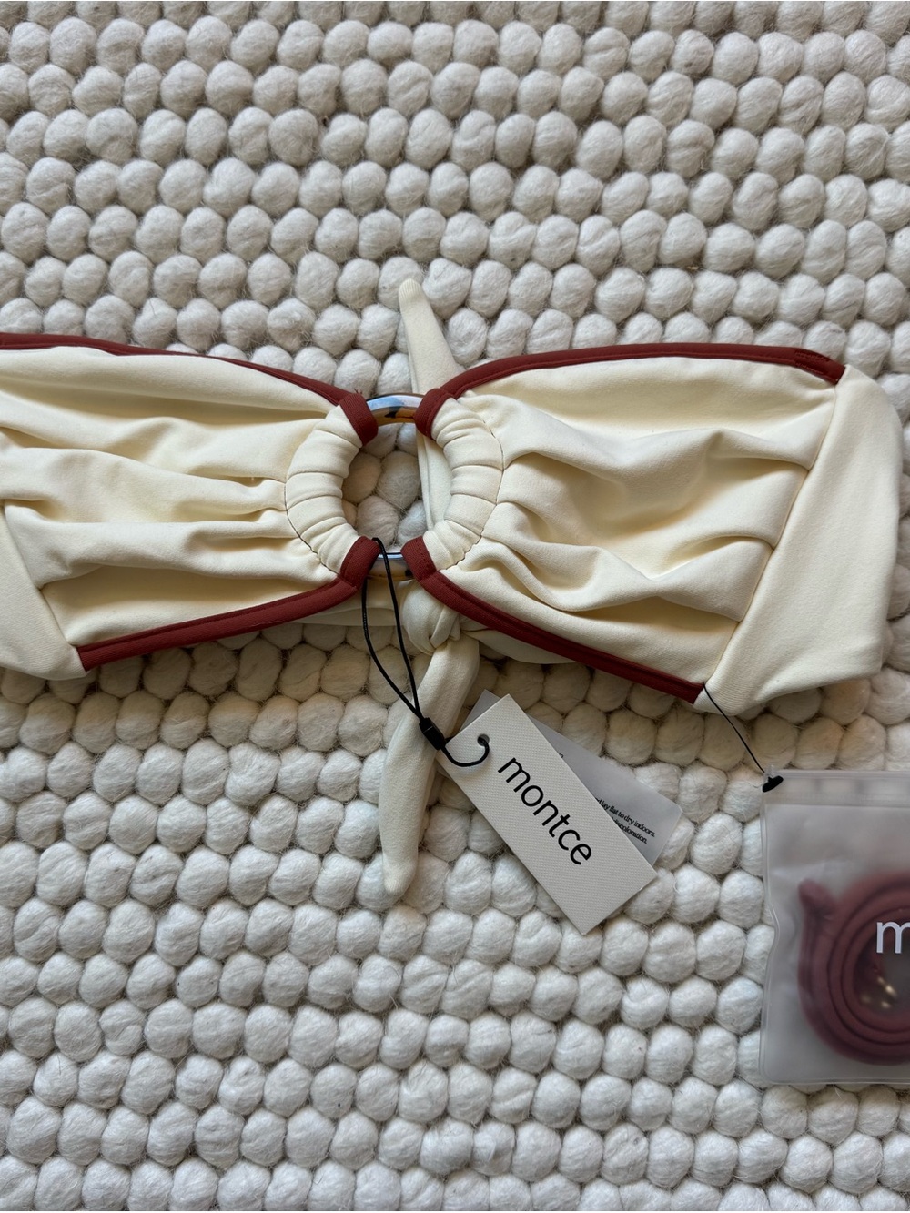 Montce Cream Bandeau Bikini Top with Rust Trim Knot